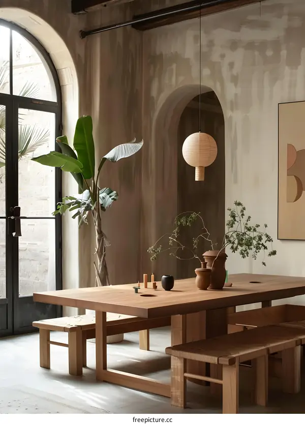 Minimalist Interior Design With Wooden Dining Table and Bench