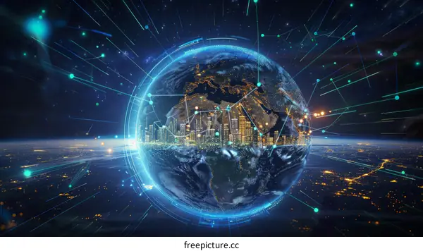 Earth from Space with City Lights and Networks Connecting People