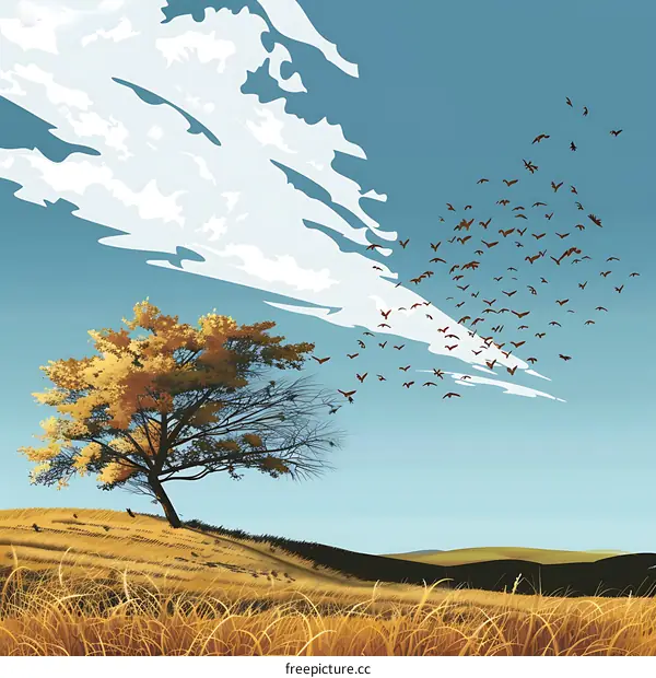 Lone Tree With Birds Flying Away