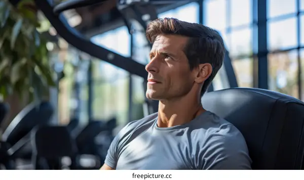 Handsome man sitting in a modern gym and looking away
