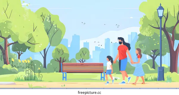 Family Walking in Park With Trees and City Skyline