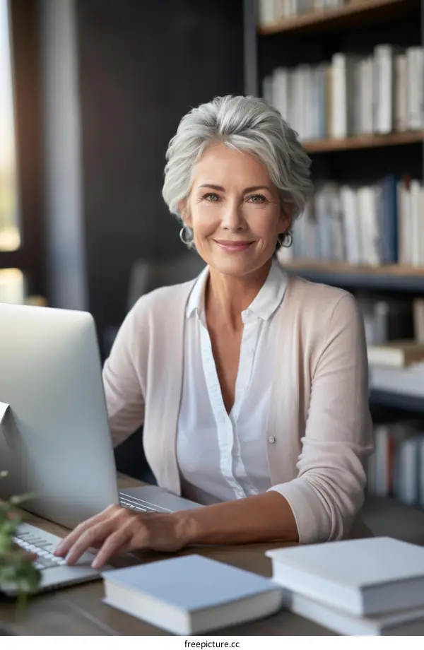Confident Senior Business Woman Using Laptop In Modern Office