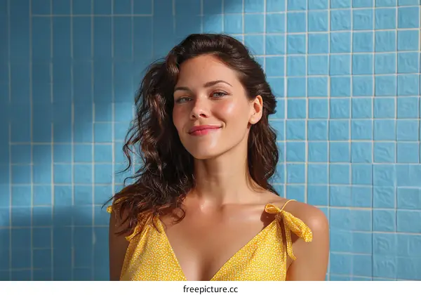 Smiling Woman in a Yellow Dress by a Blue Tile Wall