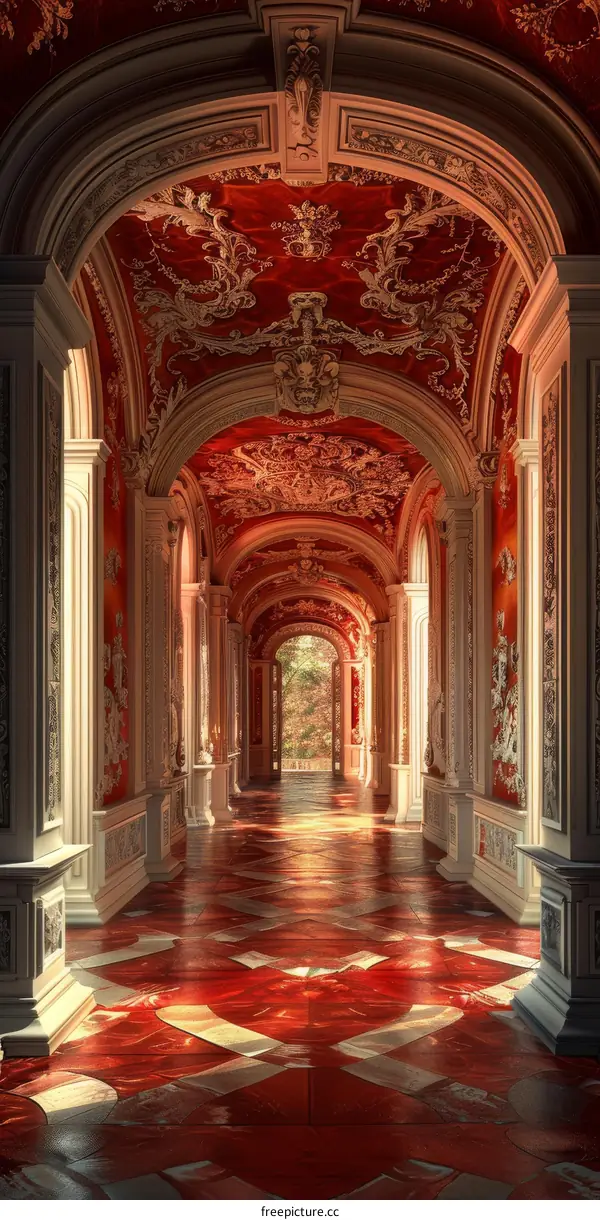 Ornate Hallway with Red and White Marble Floor