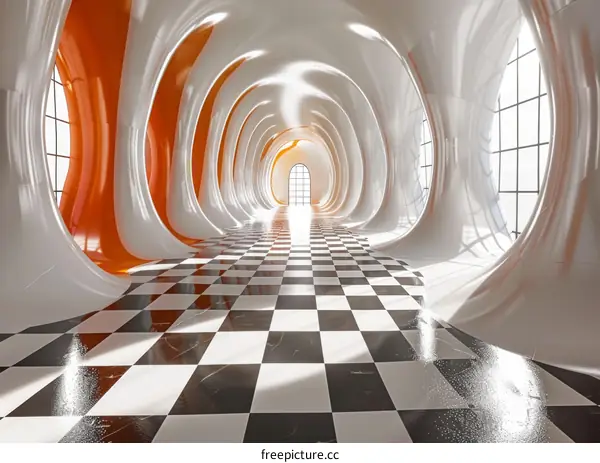 Futuristic Corridor with Checkerboard Floor