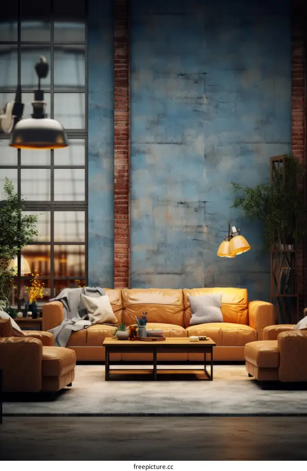 Blue grunge living room interior with leather furniture