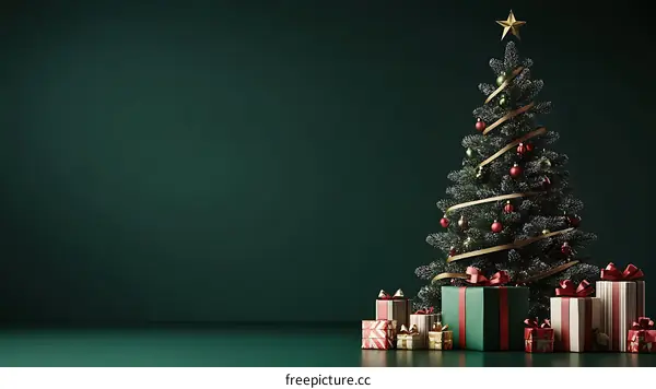 Christmas Tree with Presents in a Dark Green Room
