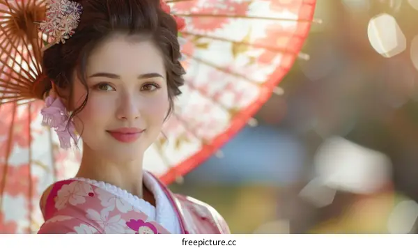 Portrait of a beautiful Japanese woman in traditional kimono
