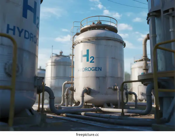 Industrial Hydrogen Storage Tanks with Pipes and Valves