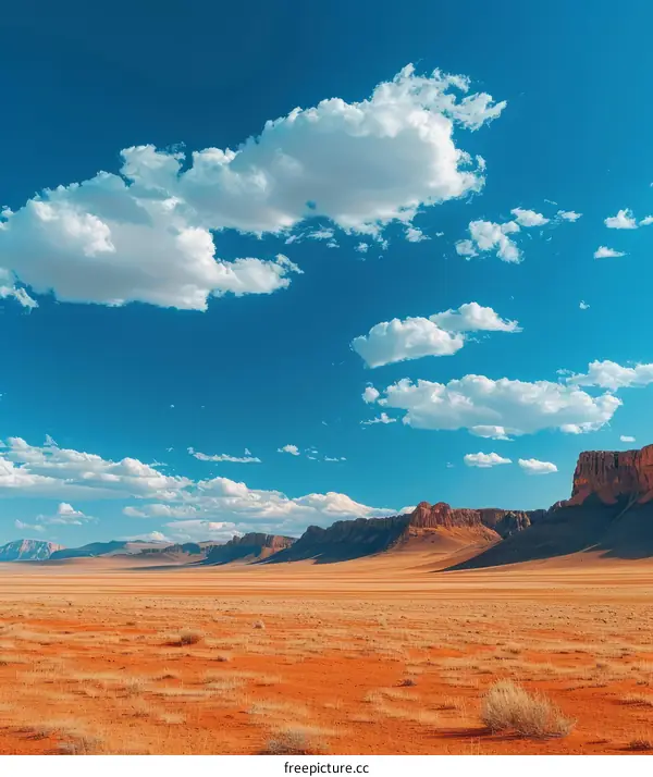A vast desert landscape with red rocks and blue sky