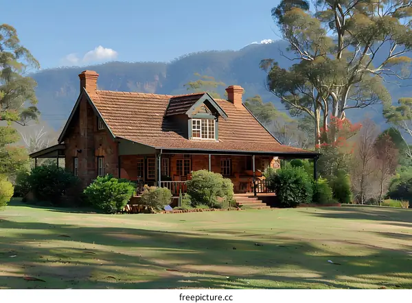A charming cottage nestled in the countryside with a beautiful mountain backdrop