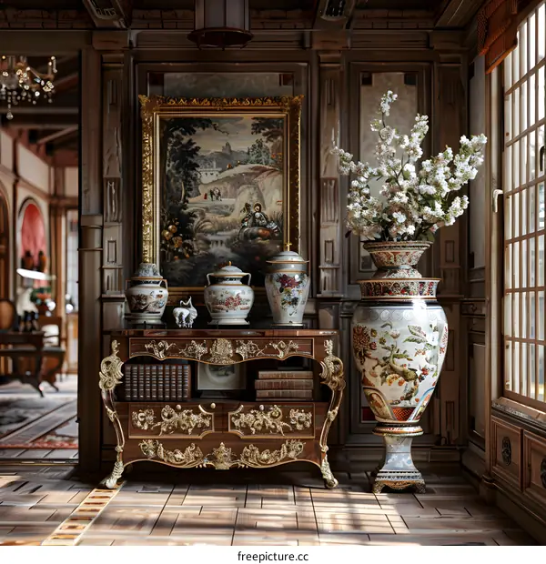 Ornate antique furniture in a wood-paneled room