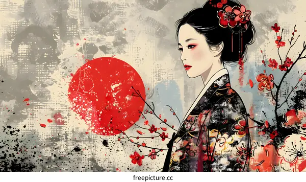An illustration of a Japanese woman in a kimono with a red sun and cherry blossoms in the background