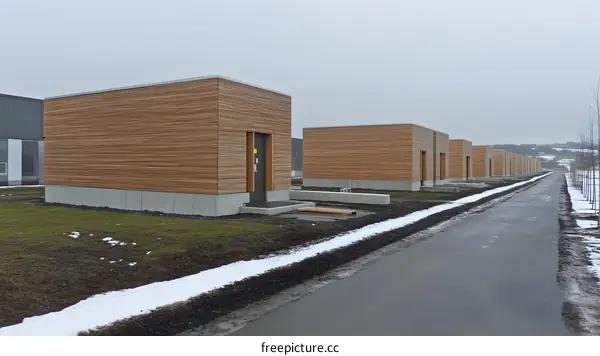 Modern Wooden Buildings with Concrete Basements and Sidewalk
