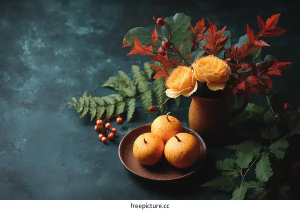 Autumnal Arrangement with Pumpkins and Roses