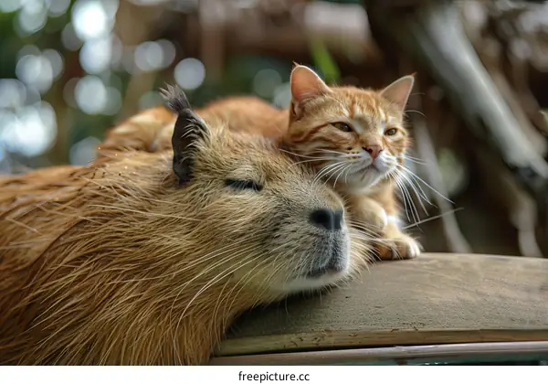A ginger cat and a capybara are lying on a wooden railing