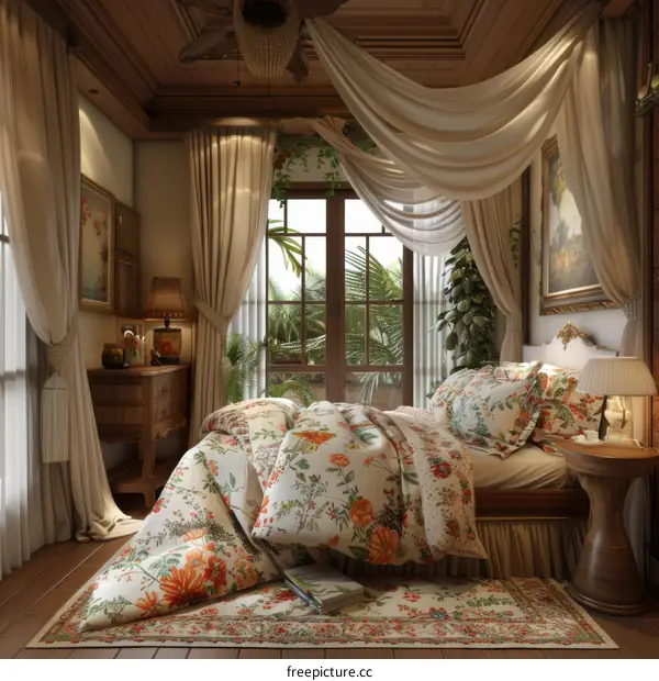Romantic Floral Bedroom Interior Design Illustration
