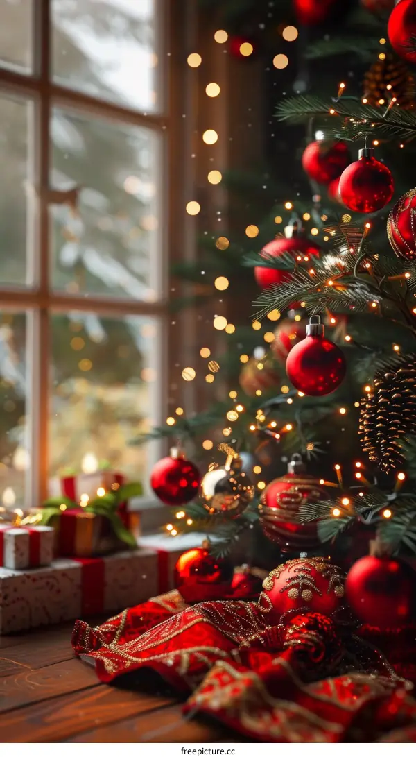 Festive Christmas Tree with Red and Gold Ornaments