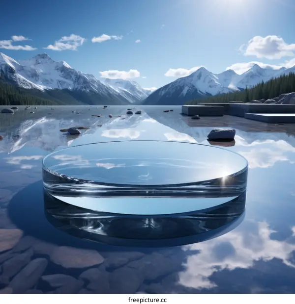 Glass Platform Floating on a Mountain Lake with Rocky Shoreline and Snow-capped Mountains in the Distance
