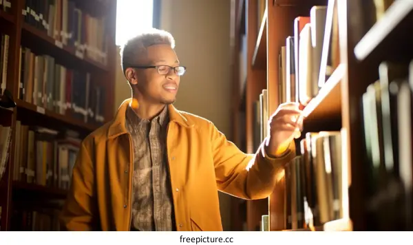Young African-American man looking at books on a library shelf