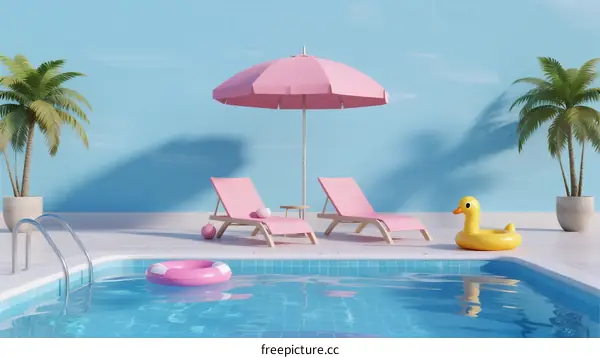 Pink Pool Umbrella and Lounge Chairs with Rubber Duck Decor