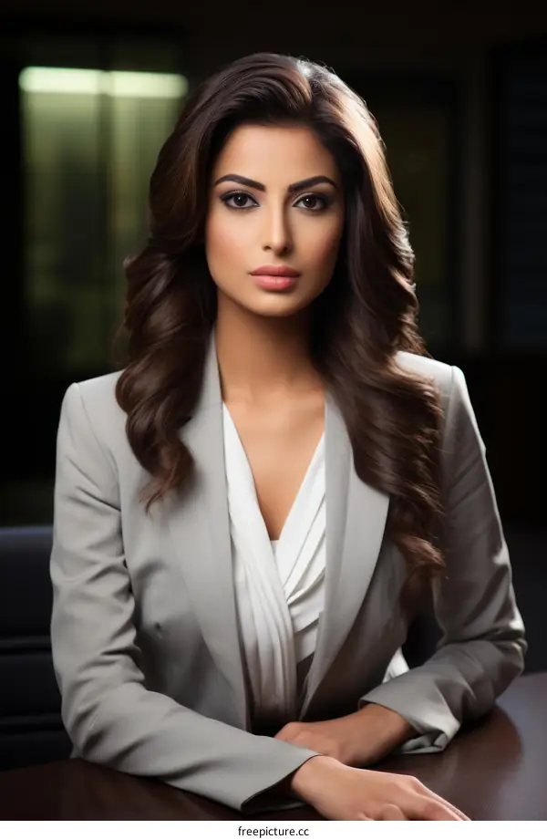 Headshot of a young businesswoman with long, dark hair wearing a white blouse and gray blazer