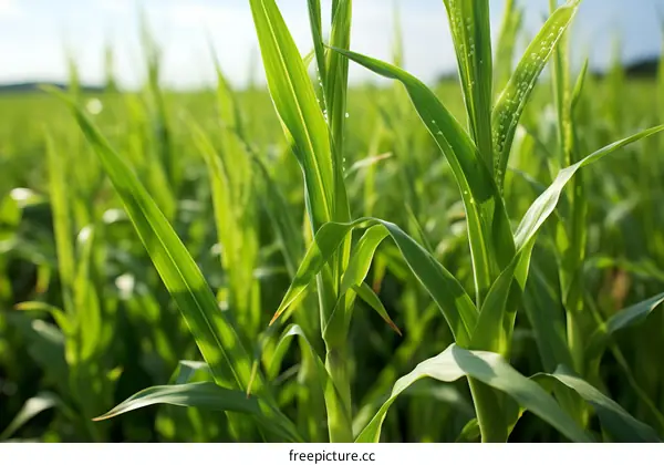 Close-up of green corn leaves in a lush field