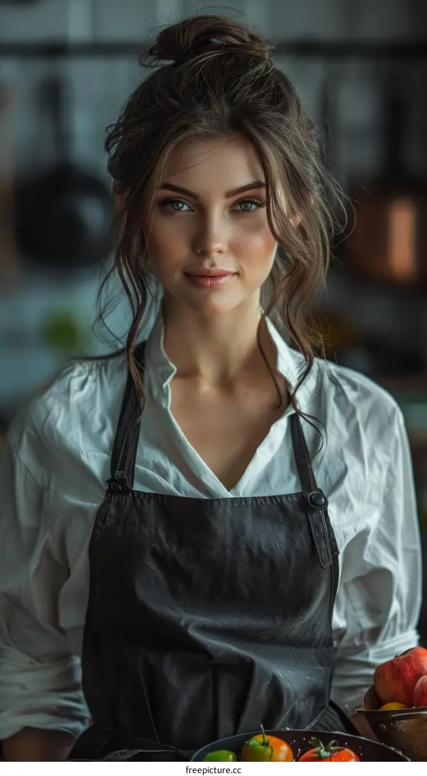 Portrait of a Young Woman in a White Shirt and Black Apron