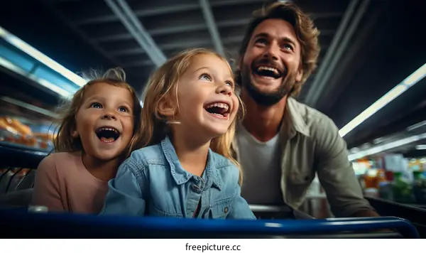 Father pushing two young girls in a shopping cart