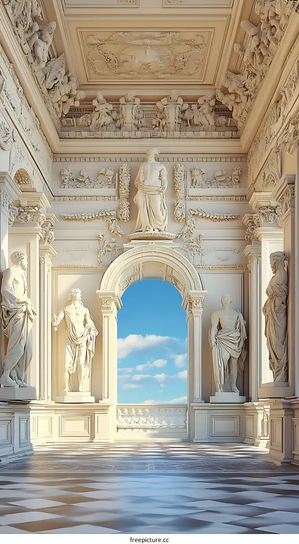 Classical Architecture With Archway Leading to Blue Sky
