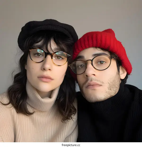 Closeup Portrait of Couple Wearing Glasses and Winter Hats