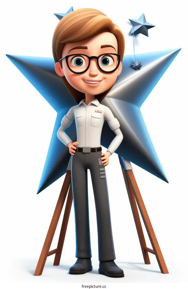 A 3D illustration of a female employee of the month standing next to a large silver star.