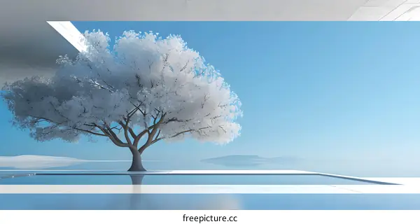 White Blossoms Tree in Surreal Minimalist Landscape