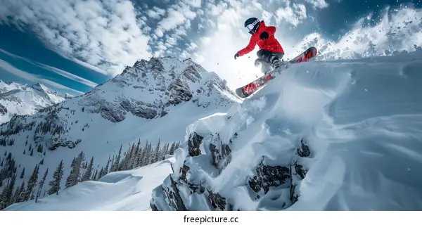 Man in red jacket snowboarding down a steep mountain slope