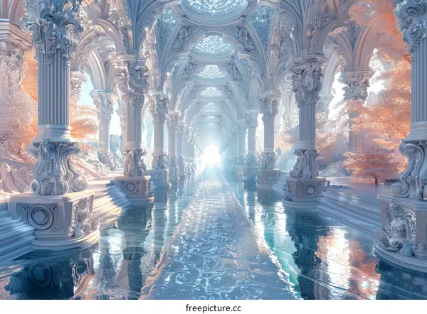 Surreal Colonnade Corridor Leads to Light