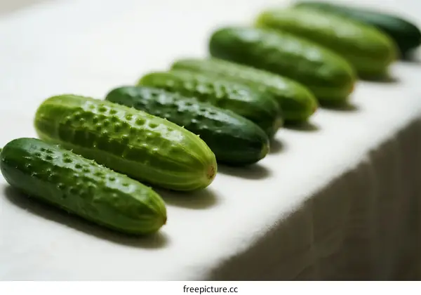Row of Fresh Green Cucumbers Arranged on White Surface