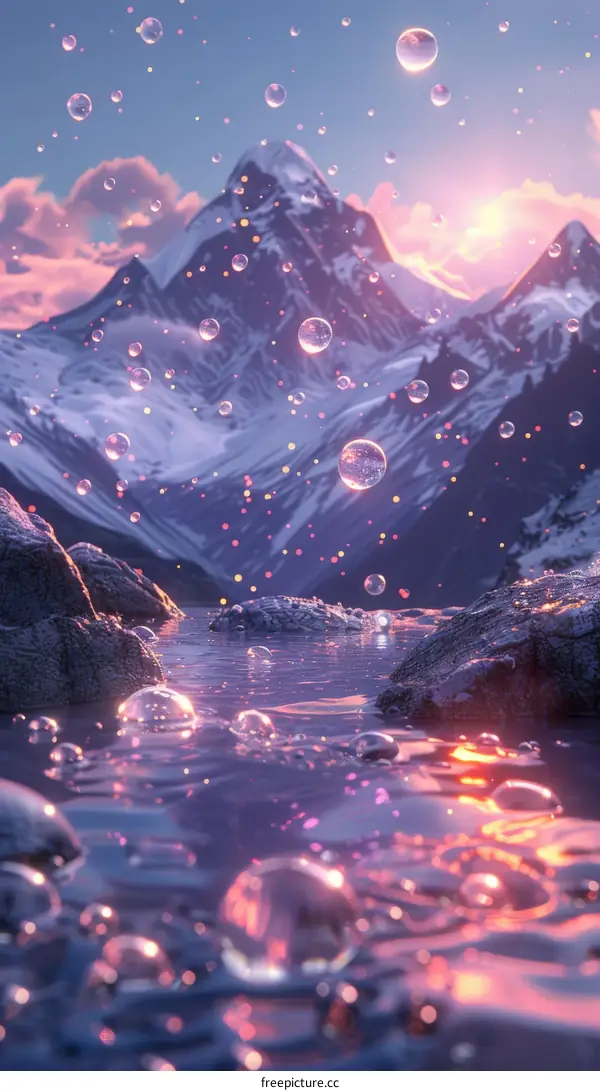 Fantasy mountains, lake and bubbles