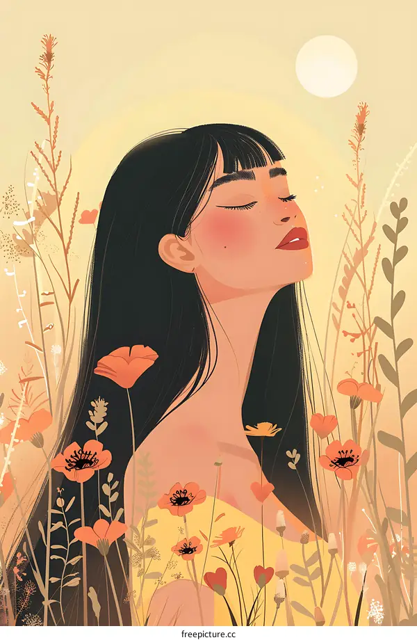 Woman with Closed Eyes in a Field of Flowers