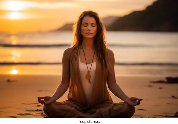 Calm and Meditative State of a Young Woman on the Beach at Sunset
