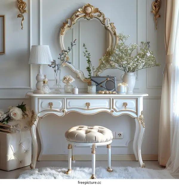 Elegant White & Gold Vanity Set with Mirror & Stool