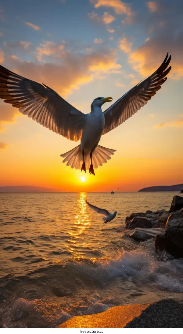 Seagull flying over the sea at sunset
