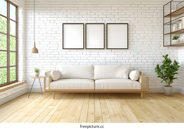 Minimalist Living Room with White Brick Wall and Wooden Floor