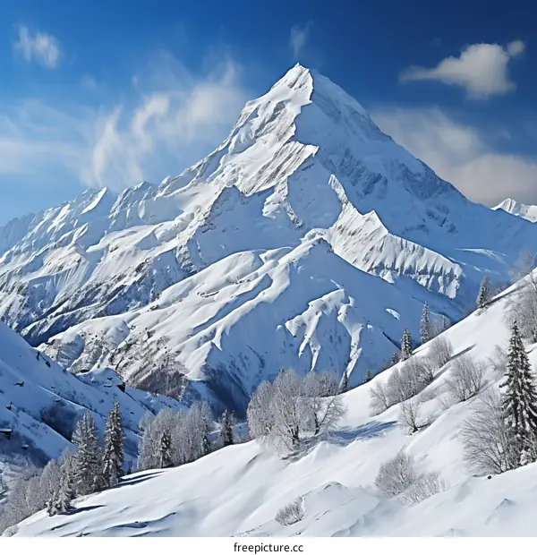 A majestic snow capped mountain peak towering above a snowy landscape