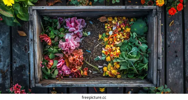 Wooden Box Overflowing with Flowers and Leaves