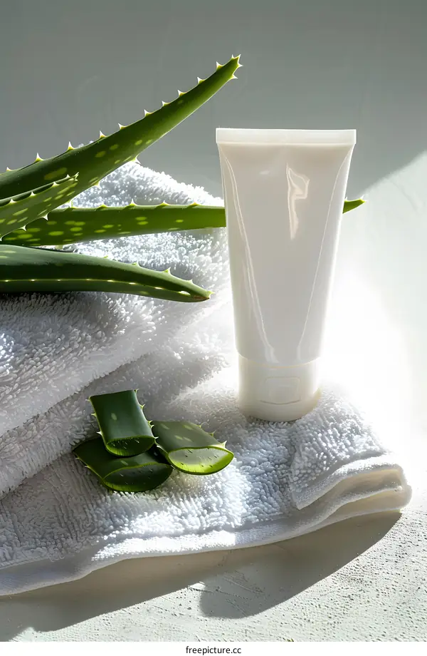 Aloe Vera Plant and Cream Tube on White Towel