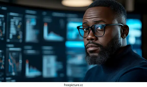 Focused Businessman in Front of Data Screens