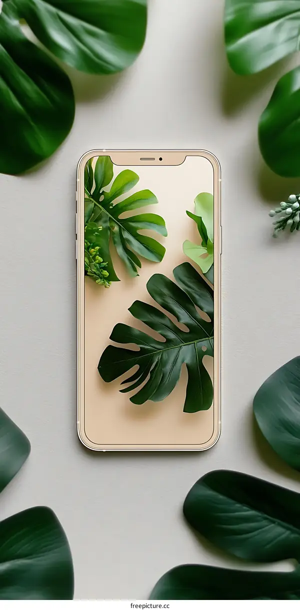 Green Leaves Surrounding a Smartphone with a Green Leaves Wallpaper
