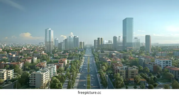 A Wide Aerial View of a Thriving Modern Metropolis with Gleaming Skyscrapers and Lush Greenery