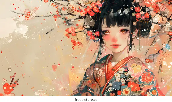 An illustration of a young woman in a kimono with cherry blossoms in her hair