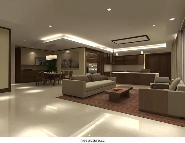Modern Interior Design Living Room With Beige Sofa And Brown Furniture
